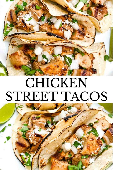 Chicken Street Tacos are a great Mexican recipe dinner idea for taco night! Made with chicken thighs in a citrus spice marinade and grilled or baked. Gluten free. Mexican Chicken Marinade For Tacos, Chicken Thigh Mexican Recipes, Chicken Marinade For Tacos, Street Taco Chicken, Street Chicken Tacos, Street Tacos Recipe Chicken, Chicken Thigh Tacos, Mexican Chicken Thighs, Grilled Chicken Street Tacos