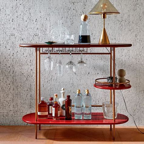 Tiered Bar Console, Burgundy Bar Cart Inspo, Home Bar Essentials, Bar Console, Diy Bar Cart, Outside Bars, Mid Century Bar, Bar Essentials, Interior Room, Room Deco