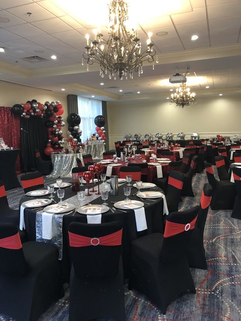 Red Black And Silver Table Setting, Red Black And Silver Balloons, Red Black And Silver Wedding Ideas, Burgundy Black And Silver Party Decorations, Black Silver And Red Party, Black Silver Red Party Decor, Red White And Black Decorations, Black White And Red Party Decorations, Red Black White Silver Party Decorations