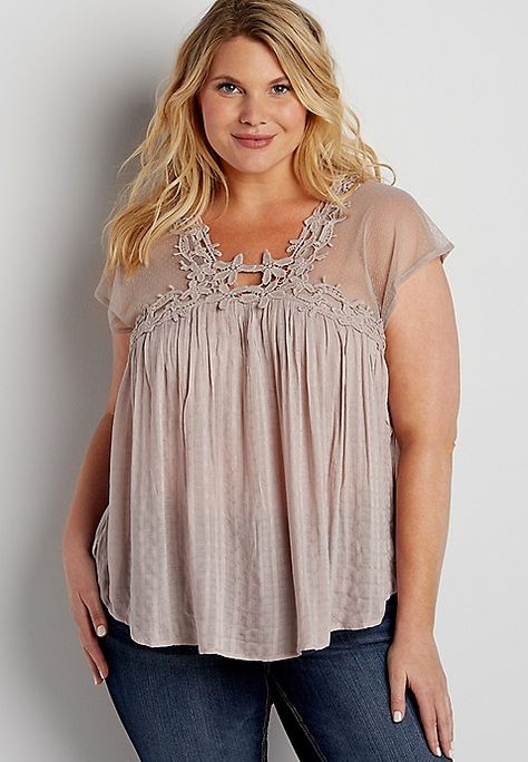 plus size lightweight top with mesh and crochet | maurices Plus Size Blouses For Women, Maurices Outfits, Plus Size Tops For Women, Look Plus Size, Plus Size Fashion For Women, Lightweight Tops, Dress Shirts For Women, Plus Size Wedding, Plus Size Womens Clothing