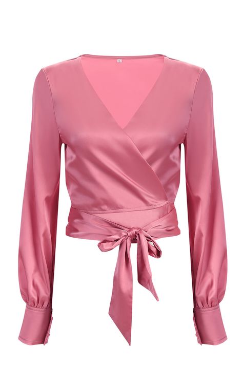 Wrap Front Top, Pink Long Sleeve Top, Top With Long Sleeves, Pink Long Sleeve Shirt, Extra Long Sleeves, Pink Long Sleeve, Neck Wrap, Pink Top, Mode Fashion