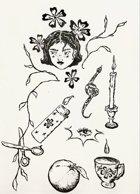 Sketch of Girl surrounded by flowers and plants, a snake that is in a knot, a candlestick, an eye , an orange, a drop falling into a teacup, a lighter, and scissors Vintage Art Tattoo Ideas, Sketch Like Tattoos, Noveau Art Tattoos, Alternative Flash Tattoo, American Vintage Tattoo, Tattoo Art Portfolio, Dark Fem Tattoos, Flash Tattoo Designs Traditional, Tiny Fine Line Tattoos