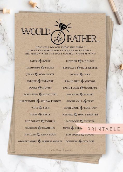 Would She Rather Virtual & Printable Bridal Shower Game Instant Digital Download • This listing is for 1 DIGITAL DOWNLOAD. You will not receive anything in the mail. You will receive 1 game, the game that is in the DESCRIPTION and is shown in the FIRST photo of this listing. • G E T • A • B U N D Who Knows The Bride Best, Would She Rather, Fun Bridal Shower Games, Bridal Shower Planning, Printable Bridal Shower Games, Wedding Shower Games, Bachelorette Party Games, Bridal Shower Brunch, Bridal Shower Game