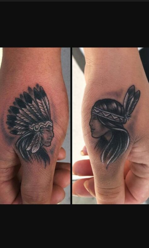 Great his and hers Native Wrist Tattoos, He's And Hers Tattoos, Native Tattoo Ideas Female, Native American Couple Tattoos, Native Finger Tattoo, Small Indian Tattoos For Women, Native American Wrist Tattoos, Small Indian Tattoo, Matching Western Tattoos Couples