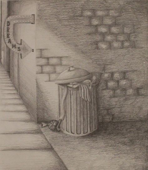 Trash Drawing Sketch, Trash Can Drawing Sketch, Dumpster Drawing, Trash Can Drawing, Birds Eye View City, Ib Art, Art Trippy, First Drawing, Solid Waste