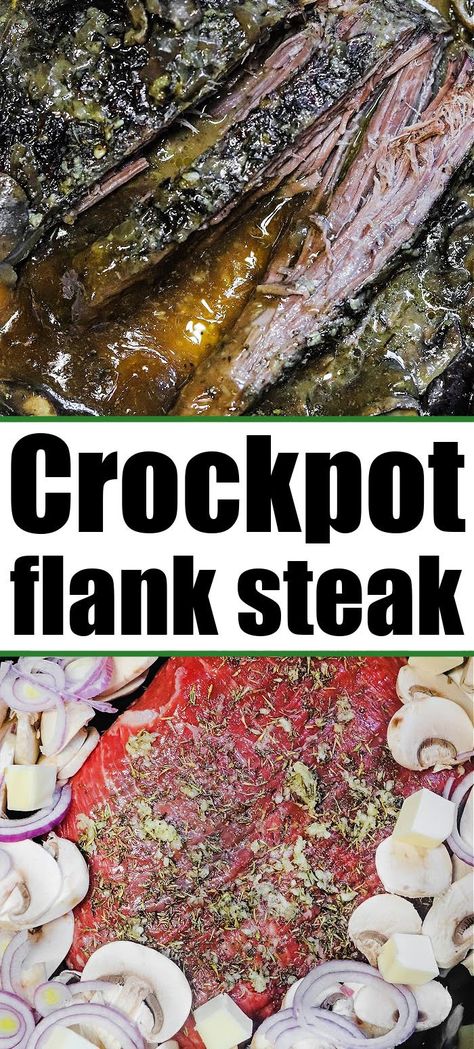 Slow cooker flank steak and gravy with mushrooms is killer! The best Crockpot beef for dinner that's high in protein and full of flavor. Crockpot Flank Steak, Crockpot Flank Steak Recipes, Steak In Crockpot, Flank Steak Crock Pot, Cook Flank Steak, Slow Cooker Flank Steak, Beef For Dinner, Crockpot Steak Recipes, Steak And Gravy