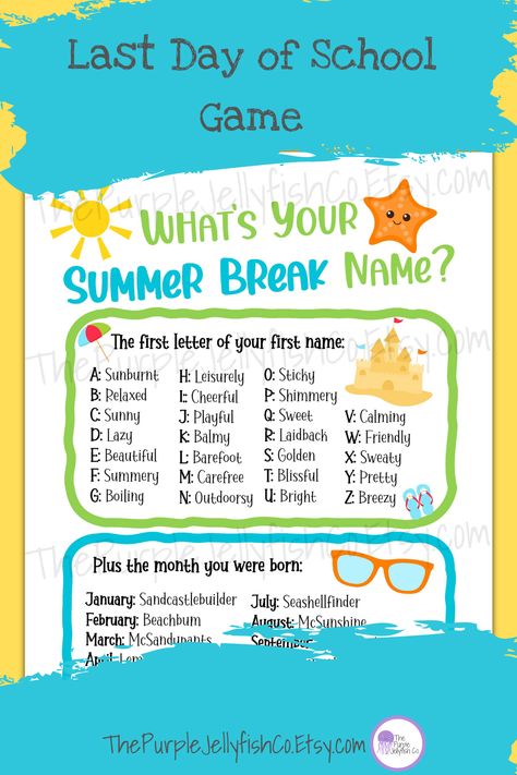 Looking for a fun end of year activity? Need a last day of school idea or summer party game? The Summer Break Name Game is for you! Featuring kid friendly names, this name generator game is perfect to use as a last day of school classroom activity, for a summer birthday party, or as part of a summer unit study. Or just print and hang for entertaining summer décor! Instant download. Last Day Of School Activity, Eoy Activities, Summer Activity For Kids, Summer Names, Summer Boredom Busters, Summer Party Games, Summer Worksheets, Name Game, Family Reunion Games