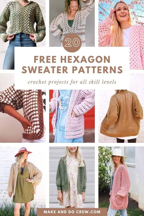 20 Crochet Hexagon Cardigans + Sweaters for Beginners Crochet A Hexagon, Hexagon Sweater, Crochet Sweater Ideas, Free Crochet Sweater Patterns, Free Crochet Sweater, Hexagon Crochet Pattern, Hexagon Cardigan, Make And Do Crew, Crochet Sweater Pattern Free