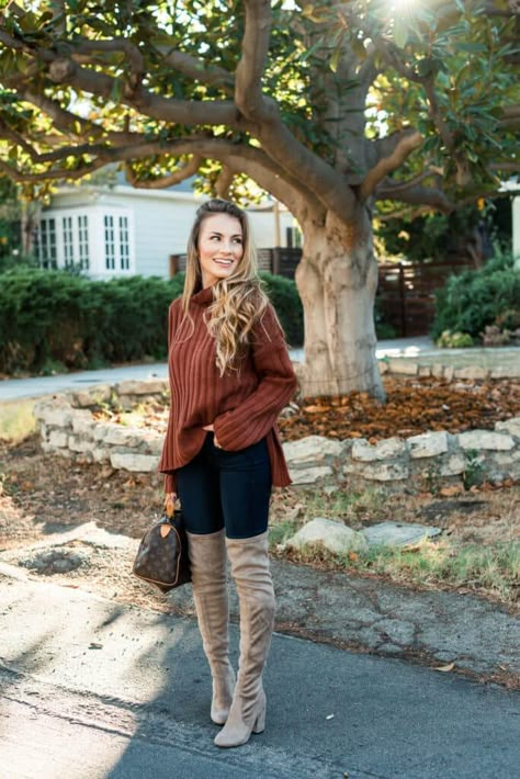 5 Ways To Style Over The Knee Boots Taupe Boots Outfit, Tan Boots Outfit, Style Over The Knee Boots, Tan Knee High Boots, Angela Lanter, Over The Knee Boot Outfit, Nude Boots, Knee Boots Outfit, High Boots Outfit