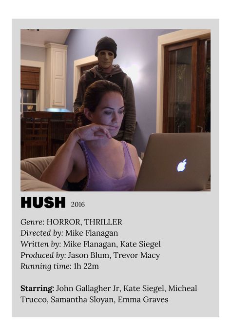 Hush Movie, John Gallagher Jr, Halloween Movies, Minimalist Poster, Hush Hush, Night Time, Movie Poster, Movies To Watch, Horror Movies