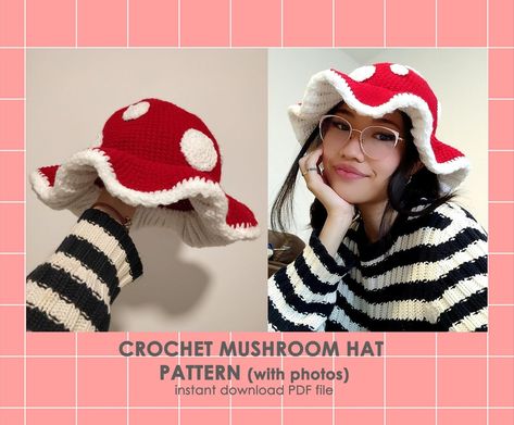 Mushroom Hat Pattern Crochet Cottagecore Autumn Fall Forest - Etsy Mushroom Cardigan Crochet Pattern, Mushroom Bucket Hat Crochet Pattern, Mushroom Hats Crochet, Crochet Pattern Cottagecore, Cool Crochet Hat Patterns, Crochet Mushroom Things, Mushroom Crochet Hat Pattern Free, How To Crochet A Mushroom Hat, Cottagecore Mushroom Hat