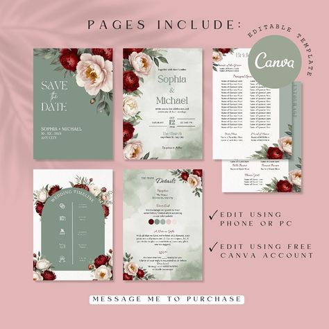 Is sage green everyone's favorite now? 😊 Message us to purchase this template. #wedding #weddinginvitation #invitation #invitationtemplate #template #weddingtemplate #sagegreen #burgundy #savethedate #layout #invitationlayout Sage And Maroon Wedding, Sage Green And Maroon Wedding, Wedding Invitation Layout, Invitation Layout, Bond Paper Design, Maroon Wedding, Dusty Rose Wedding, Bond Paper, Wedding Venue Decorations