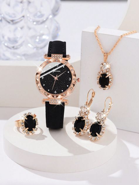 5pcs Ladies Watch Black Fashionable Ladies' Leather Strap Quartz Watch, Oval Rhinestone Pendant Necklace, Stud Earrings, Ring Set For Casual Occasions  Casual     Watch Set   Women Watches, size features are:Bust: ,Length: ,Sleeve Length: Ladies Jewellery Accessories, Ladies Watches Luxury, Elegant Watches Women, Latest Women Watches, Stylish Jewelry Accessories, خواتم خطوبة, Pretty Watches, Ladies Jewellery, Fancy Watches