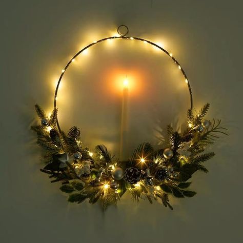 Christmas Silver Lighted Wreath,prelit Christmas Hoop Wreath, Modern Decor,Farmhouse Winter Wreath, 16inch Christmas Wreath for Front Door Outside with flameless Candle,Front Porch Decoration Lighted Wreath, Wreath With Lights, Volcano Candle, Door Outside, Silver Christmas Ornaments, Lighted Wreaths, Christmas Wreath For Front Door, Red White Christmas, Christmas Wreaths For Front Door