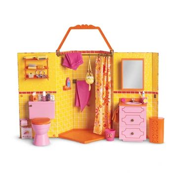 Groovy Bathroom, Doll Bathroom, American Girl House, American Girl Julie, American Girl Doll Sets, Girl Bathroom, Pink Vanity, American Girl Doll Accessories, Doll Beds