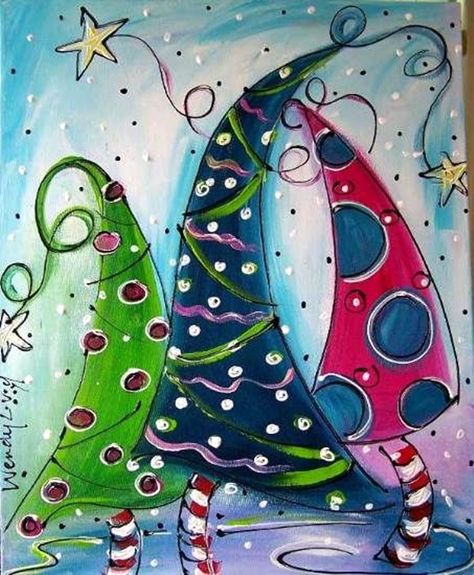 DIY Mixed Media Tree Art Projects (7) Boom Kunst, Christmas Art Projects, Christmas Tree Painting, Christmas Canvas, Happy Paintings, Whimsical Christmas, Noel Christmas, Christmas Paintings, Holiday Art