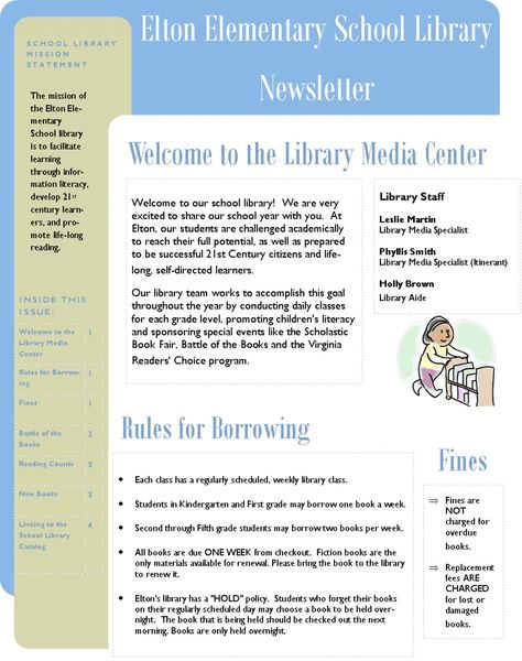 Creating a library newsletter is easy to do with Microsoft Publisher.  In this hub, you will find simple instructions and suggestions for information to include. Library Newsletter Ideas, Library Newsletter, Library Orientation, Library Corner, Church Library, Library Resources, Library Lesson Plans, Library Media Specialist, Library Media Center