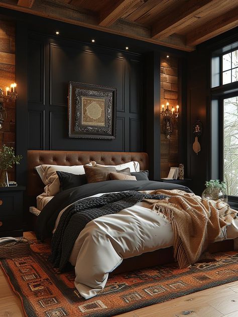 Glam Bedroom Decor, Masculine Bedroom, Feminine Bedroom, Moody Bedroom, Black Interior Design, Glam Bedroom, Dark Bedroom, Casa Country, Couple Bedroom