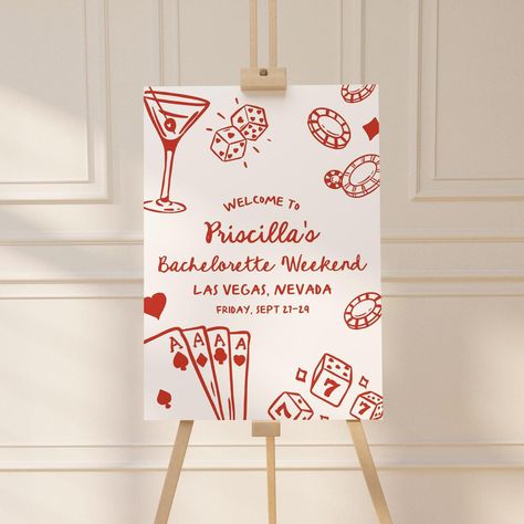 Introducing our Whimsical Hand-Drawn Style Viva Las Vegas themed "Casino Night" Vegas Bachelorette Welcome Sign Editable Template - the perfect way to set the tone for a joyous and intimate celebration. This charming template features delightful, hand-drawn illustrations that exude a playful elegance, ensuring your guests feel the love and excitement from the moment they step into your beach party. The fully editable color palette adds a touch of romance, while the funky whimsical design element Vegas Party Theme Decoration, Vegas Bachelorette Decor, Old Vegas Theme Party, Casino Engagement Party, Casino Party Themes, Las Vegas Decorations Ideas, Las Vegas Sign Picture Ideas, Viva Las Vegas Party Theme, Casino Theme Wedding