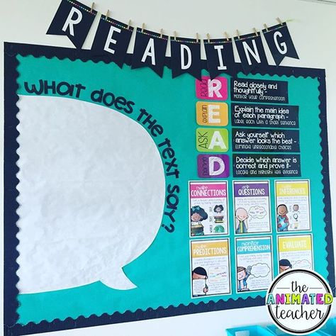 Reading bulletin board remodel! I'm going to use the text speech bubble several… Elar Bulletin Board Ideas, Reading And Writing Bulletin Board Ideas, Ela Bulletin Board Ideas, Language Arts Bulletin Boards, Ela Bulletin Boards, Objectives Board, Reading Bulletin Board, School Diy Ideas, Black Borders