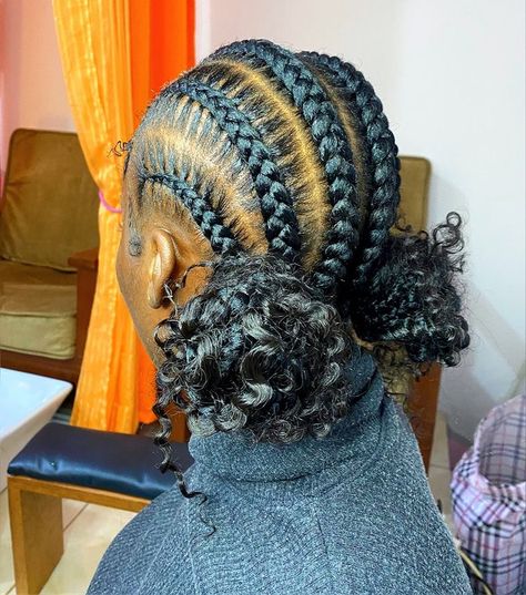 Stitch Braid Curly Bun, 2 Braided Ponytails With Curly Ends, Cute Hairstyles With Weave Black Women, Feed Ins With 2 Curly Buns, 4 Braids Cornrows 2 Buns, Bohemian Stitch Braids Bun, 4 Braids To The Back With Bun, Feed In Braids Into Two Buns, 2 Braids With Buns In Back