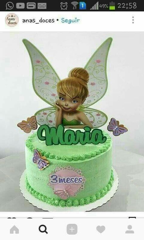 Bolo Tinker Bell, Tinkerbell Party Theme, Tinkerbell Cake, 90th Birthday Parties, Beauty Cakes, Tinkerbell Party, Simple Cake Designs, Fairy Cakes, Diy Cake Topper