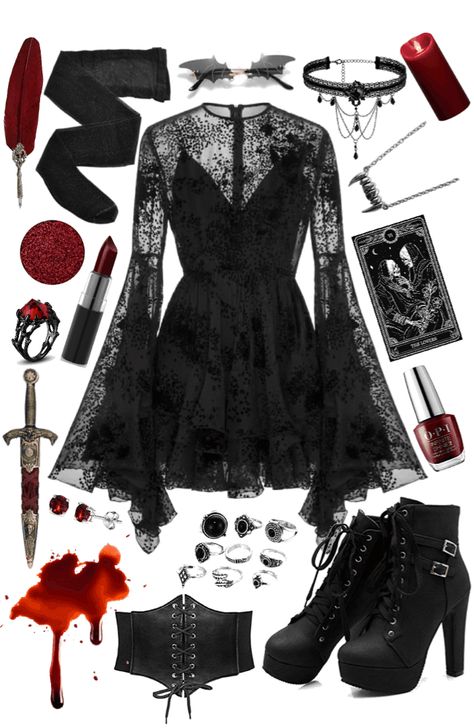 Goth Outfit Accessories, Halloween Outfits Goth, Vampire Aesthetic Outfit Halloween, Goth Romantic Aesthetic, Wednesday Addams Inspired Nails, Cute Vampire Outfit, Romantic Goth Outfits Dresses, Gothic Outfits Ideas, Vampire Outfit Inspiration