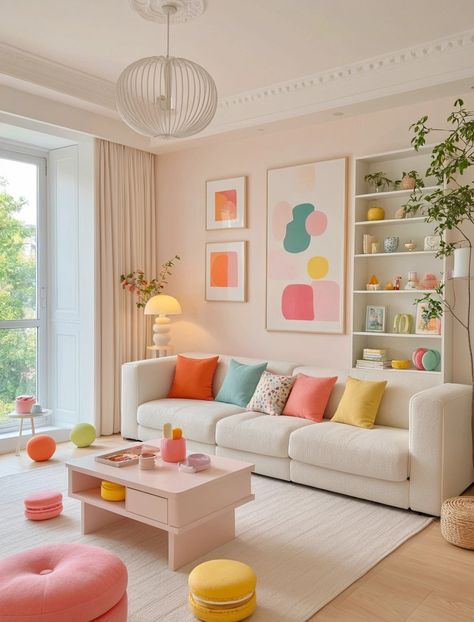 Pastel Theme Living Room, Soft Pastel Interior Design, Home Decor Pastel Colors, Pastel Mid Century Modern Bedroom, White Couch Living Room Decor Colorful, Pastel Purple Living Room, Pastel Decor Living Room, Interior Pastel Colors, Pink Yellow Interior