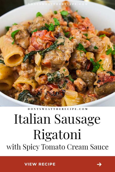 Baked Spaghetti Recipes, Sausage And Rigatoni, Spicy Tomato Cream Sauce, Italian Sausage Rigatoni, Spicy Sausage Pasta, Sausage Rigatoni, Rigatoni Recipes, Kitchen Sanctuary, Sausage Pasta Recipes