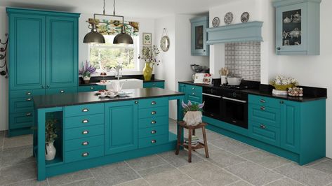 Island Color Ideas, Kitchen Island Color Ideas, Statement Island, Best Kitchen Island, Kitchen Cabinets Ideas, Wren Kitchen, Teal Kitchen, Industrial Style Kitchen, Two Tone Kitchen