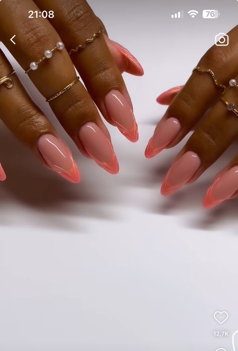 Round Pointy Nails Shape, Pink Tip Acrylic Nails Almond, Almond Nail Black Women, Neutral Design Nails, Nails Almond Birthday, Almond Shaped Nails Pink, Almond Nails Black Women, Island Vacation Nails, Drip Nails