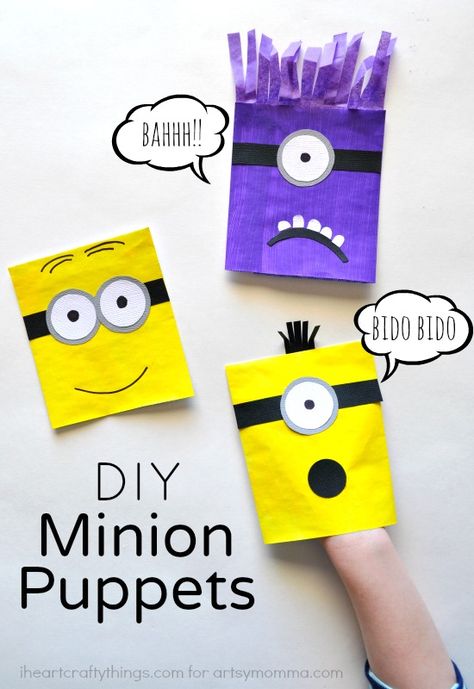 DIY Minion Puppets for Kids made with an Envelope. Great kids craft for pretend play and to go along with the new Minions movie. Finding Dory Crafts, Minion Diy, Homemade Puppets, Minion Craft, Diy Minions, Movie Crafts, Paper Bag Crafts, Puppets For Kids, Puppets Diy