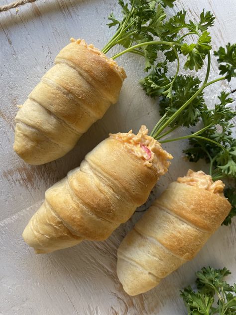 Stuffed Crescent Roll Carrots — Miss Annie's Home Kitchen Crescent Roll Carrots, Stuffed Crescent Roll Carrots, Peeps Recipes, Crescent Dough Sheet, Pimento Cheese Spread, Carrot Bread, Cheese Crescent Rolls, Ham Salad, Crescent Dough