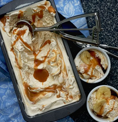 Homemade Banana Ice Cream with Caramel Swirl Homemade Banana Ice Cream, Make Homemade Ice Cream, Swirl Ice Cream, Banana Caramel, Making Homemade Ice Cream, Banana Ice Cream, Cold Cream, Kitchen Appliance, Homemade Ice