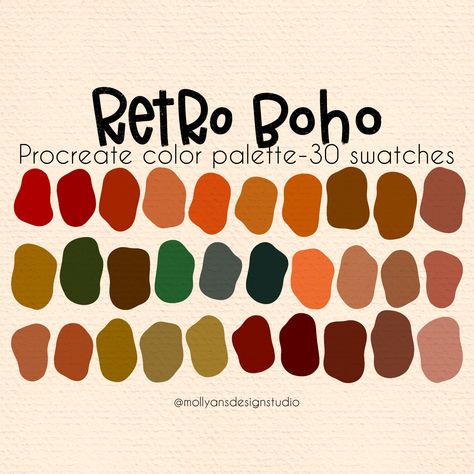 The Retro Boho Procreate Color Palette! Procreate color palettes are a perfect way to keep cohesive colors organized right at your finger tips while using the Procreate app.  This is a handpicked color palette made up of my favorite colors for you to enjoy! After you purchase, you'll download the file from Safari NOT the Etsy app. Once the files are downloaded and you open the file, the palette will automatically import into Procreate! You will find this palette ready to go in your Procreate pal 70s Colors Palette, Earthy Retro Color Palette, Goblin Color Palette, 90s Color Palette Grunge, Retro Western Color Palette, Retro Boho Color Palette, Boho Retro Aesthetic, Boho Colors Palette, Alt Color Palette