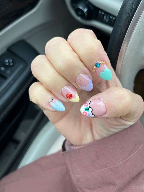 Disney Princess Gel Nails Castle Nails Disney, Disney Princess Nails Easy, Disney Princess French Tip Nails, Different Disney Character Nails, Bell Nails Princess, Disney Princess Nails Simple, Disney Princess Acrylic Nails, Disney Character Nails Easy, Princess Disney Nails