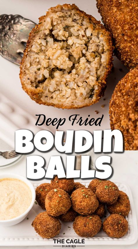 This Cajun delicacy - deep fried boudin balls - are the perfect Game Day snack. Eaten all across Louisiana, they're little balls of boudin breaded and deep fried for the best crispy outside, soft and savory inside! Cajun Boudin Balls, Cheesy Boudin Balls, Homemade Boudin Balls, Fried Boudin Balls, Deep Fried Sausage Balls, Air Fryer Boudin Balls, Recipes With Boudin, Boudin Balls Dipping Sauce, Boudin Casserole Recipe