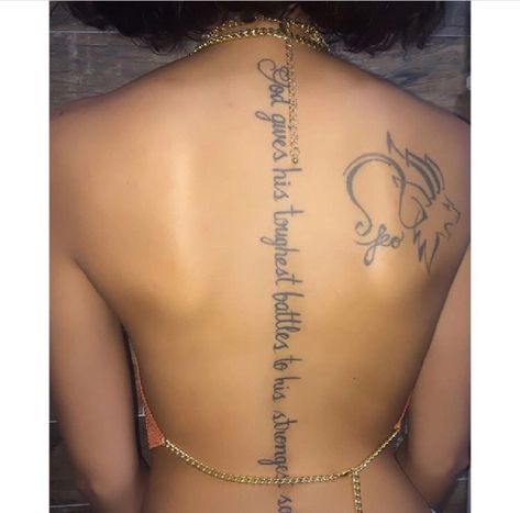 baddie tattoo with quotes God Gives His Toughest Battles, Girl Neck Tattoos, Cute Hand Tattoos, Hip Tattoos Women, Black Girls With Tattoos, Inspiration Tattoos, Spine Tattoos For Women, Red Ink Tattoos, Leg Tattoos Women