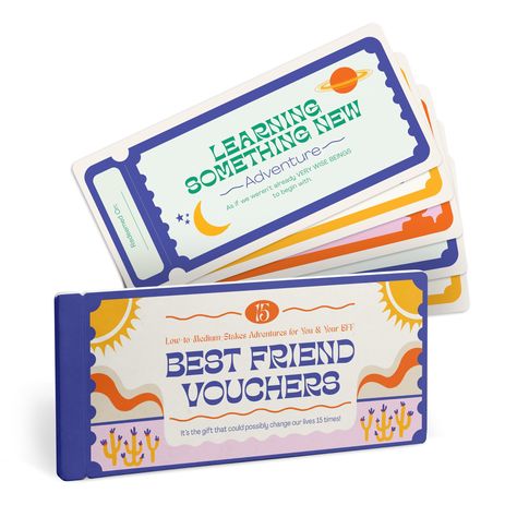 PRICES MAY VARY. Give your best friend the gift of adventure and meaningful experiences you can customize and share together with this creative, inspiring coupon book from Em & Friends Sold as a single unit containing 15 unique perforated vouchers; 7.5 x 3.25 inches Offers you and your BFF fifteen open-ended friendship activities like day-tripping, crafting, communing with Mother Nature, volunteering, and JUST BEING. . . together! Dream up some adventure with this voucher book! For the BFF who h Best Friend Coupon Book Ideas, Diy Voucher Ideas, Diy Coupon Book, Coupon Book Diy, Gift Voucher Design, Friendship Activities, Best Friend Dates, Voucher Design, Design Resume