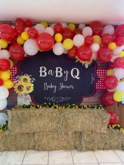 Baby Q Baby Shower Ideas Backyard Bbq, Baby Shower Cookout Ideas, Baby Q Balloon Arch, Gender Reveal Ideas Summer Theme, Gender Reveal Barbeque, Bbq Balloon Arch, Baby B Que Shower Ideas, Barbeque Baby Shower Ideas, Cookout Baby Shower Ideas