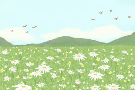 Anime Field Background, Daisy Wallpaper Desktop, Pastel Background Green, Green Laptop Background, Green Desktop Background, Green Background Laptop, Aesthetic Background Landscape, Cute Computer Backgrounds, Mountain Banner