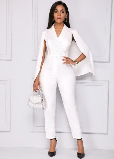 Size:M;Size:S;Size:XL;Size:XS;Size:L;Color:White;Collar:V Neck;Package Contents:1 X Jumpsuit;Fit Type:Skinny;Clothing Length:Ankle Length;Inseam:95.00;Sleeve Length:Long Sleeve;Washing Instructions:Hand Wash /Machine Washable;Length:140.00;Pattern Type:Solid;Material:95% Polyester, 5% Spandex;Color Scheme:White; White Jumpsuit Outfit, Classy Jumpsuit, Rompers Online, Jumpsuit Elegant, Jumpsuit Outfit, Cape Sleeves, Hrithik Roshan, White Jumpsuit, Elegantes Outfit