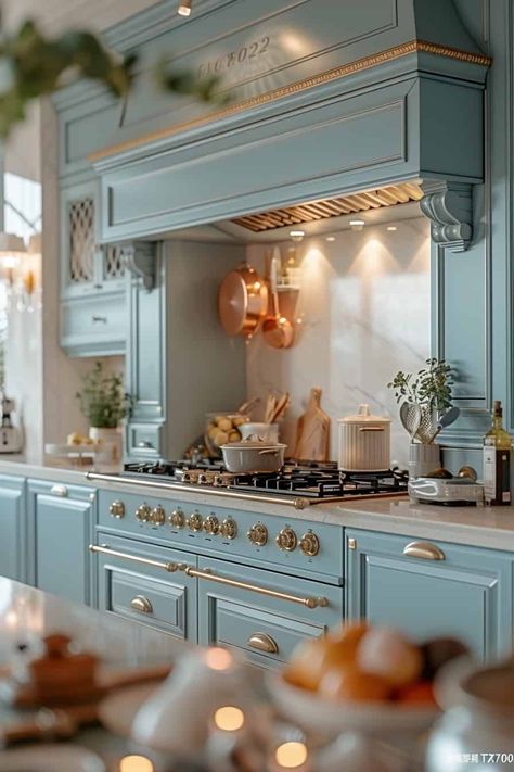 Blue Willow Kitchen, Modern French Home, French Pantry, Regency Kitchen, French Kitchen Design, French Inspired Kitchen, Apartment Kitchen Aesthetic, Cozy Kitchen Aesthetic, Black And Gold Kitchen