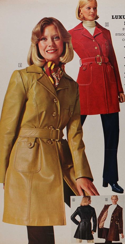 70s Party Outfit, Jumpsuits Jeans, 1970s Jacket, 1970s Looks, 1970s Coat, Average Woman, Leather Coat Womens, Fashion 1970s, Fashion 70s