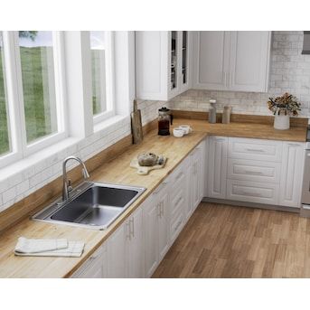 White Kitchen Cabinets With Butcher Block, White Cabinets Butcher Block Countertops, Acacia Butcher Block Countertops, Kitchen Butcher Block Countertops, Stained Butcher Block, Butcher Block Countertops Kitchen, White Cabinets White Countertops, Small Farmhouse Kitchen, Butcher Block Countertop