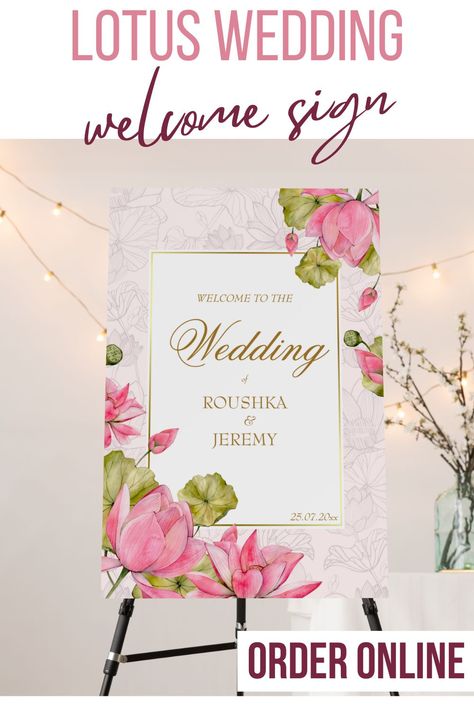 Pink lotus flowers golden border personalized welcome sign Lotus Wedding, Wedding Business Ideas, Wedding Welcome Board, Sarees For Girls, Ring Ceremony, Welcome Board, Golden Border, Welcome Boards, Rings Ceremony