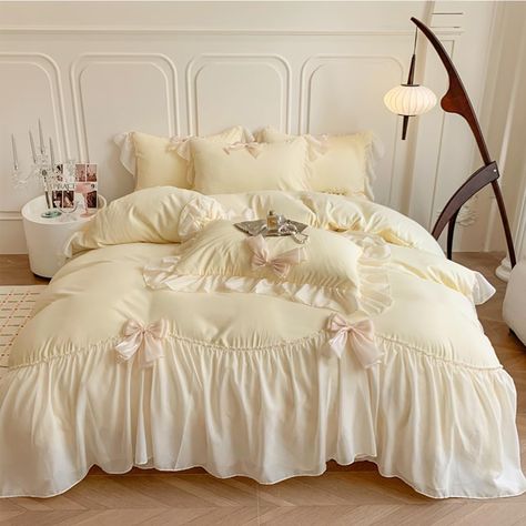 PRICES MAY VARY. Package including :1*Full of duvet cover: 200 x 229cm/80" x 90",2*queen of pillowcase: 51 x 66cm/20" x 26".NO including Comforter. Material:100% Soft Brushed Microfiber,the raw material handled by special process.Breathable, Comfortable, skin-friendly! Design:Beautiful ruffle style duvet cover that will add an elegant, chic and modern look to your room. Bowknot design on the edge of duvet cover and pillowcases, charming appeal to your bedroom décor. Ties&Zip:The shabby chic duve Bow Quilt, Bedroom Ideas Pink, Shabby Chic Bedding Sets, French Princess, Ruffle Duvet Cover, Bedroom Duvet, Style Bedding, Lace Bedding, Chic Bedding