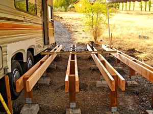 Travel Trailer Carport Ideas, Travel Trailer Porch Ideas, Seasonal Trailer Site Ideas, Travel Trailer Permanent Site Ideas, Seasonal Campsite Ideas Yards, Temporary Deck, Parking Pad Ideas, Permanent Camper Site Ideas, Porch For Camper