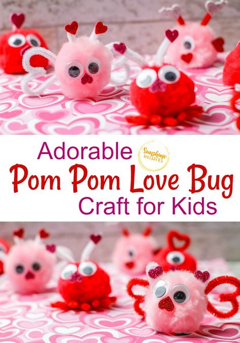 Adorable Pom Pom Love Bug Craft For Kids Bug Craft, February Crafts, Easy Valentine Crafts, Diy Valentine's Day Decorations, Bug Crafts, Valentine's Day Crafts For Kids, Preschool Valentines, Valentine Crafts For Kids, Pom Pom Crafts