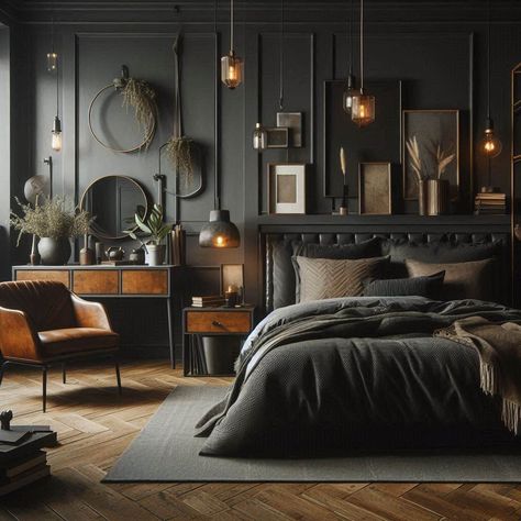 Masculine Bedroom Dark Interior Design Luxury Bedroom, Masculine Home Decor Ideas, Masculine Wall Decor Bedroom, Dark Interior Design Luxury, Masculine Wall Decor, Dark Moody Bedroom Ideas, Masculine Bedroom Ideas, Dark Moody Bedroom, Masculine Home Decor